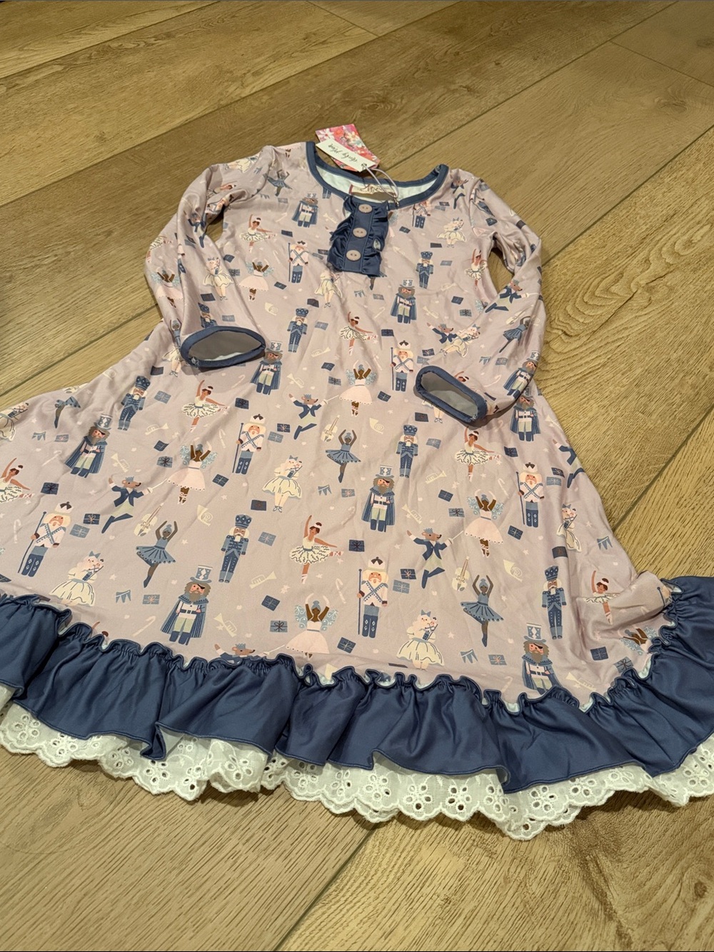 cheeky plum Pink Nutcracker & Ballerina Print Dress with Navy Trim
